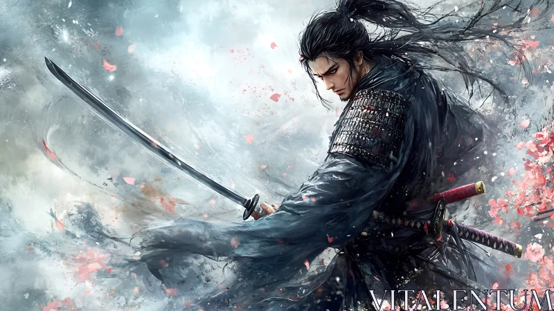Stormlit samurai poised in petals and steel-shot wind.
