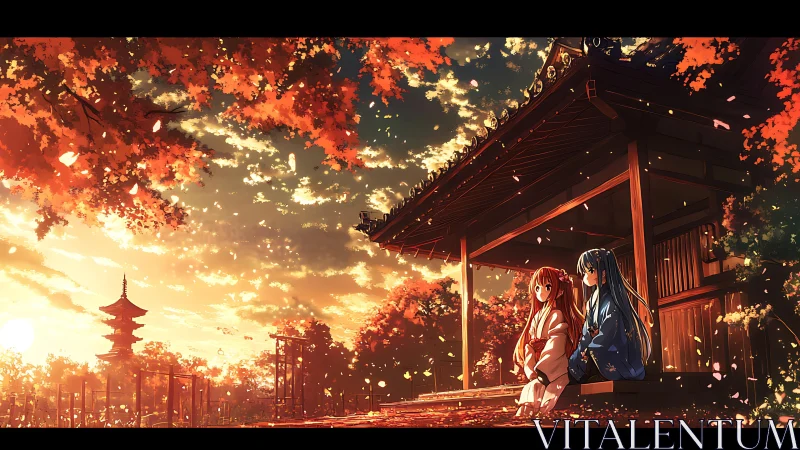Warm autumn shrine sunset welcomes two quiet friends