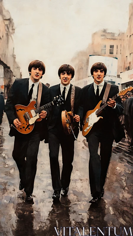 Midcentury rock trio in wet street scene, oil-rendered realism