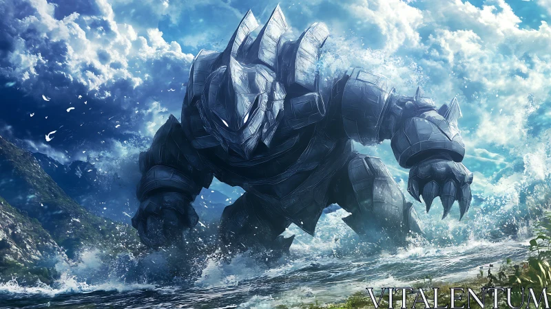 Armored sea colossus strides through storm-lashed shoreline