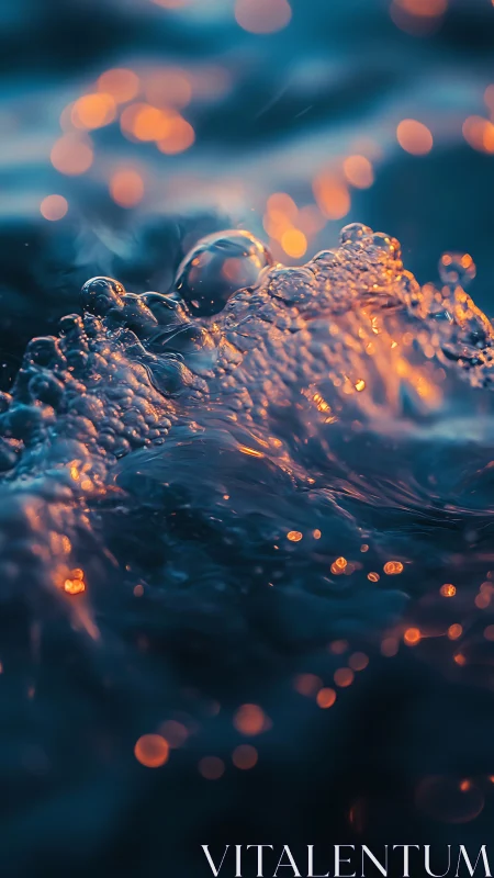 Macro ocean wave glows with copper bokeh reflections