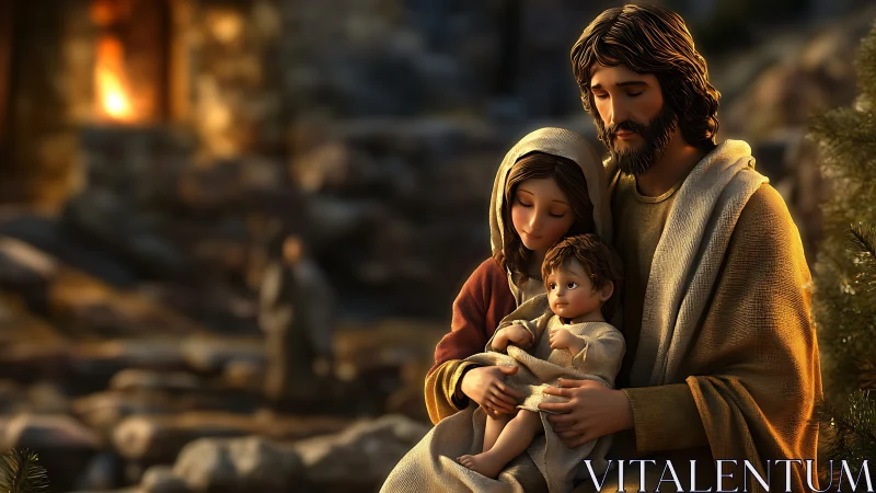 Holy family cradles infant under warm lamplight at night