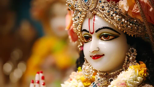 Jewelled Hindu deity statue in close-up, floral garland adornment
