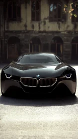 Front view of black BMW concept coupe on urban street.