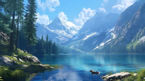 Quiet dog afloat on glacial-blue lake beneath alpine giants.