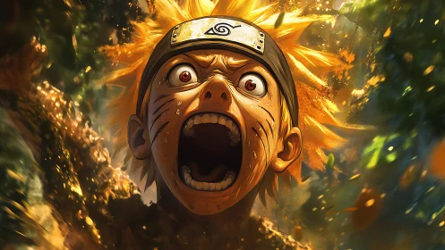 Fiery anime hero unleashing raw emotion in a forest blaze.