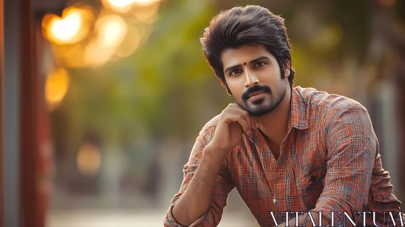 Sunlit thinker in plaid leans into a quiet golden afternoon.