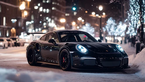 Sleek black sports car glows through a snowy city night street