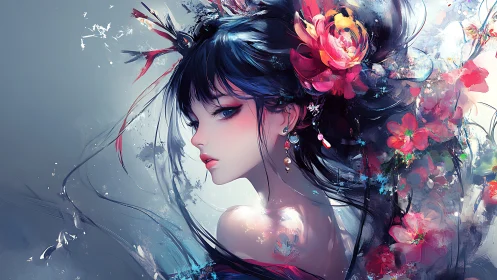 Ethereal anime woman emerges from swirling floral color
