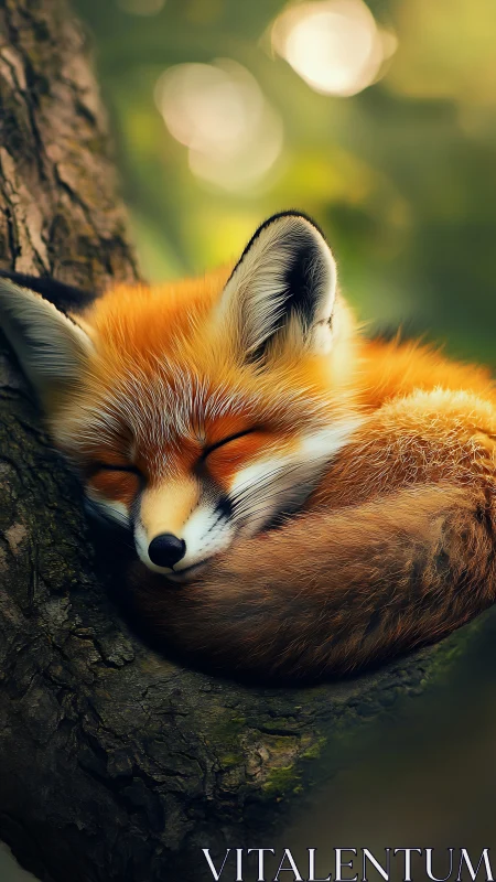 Sleeping red fox curled on tree branch in soft forest light.