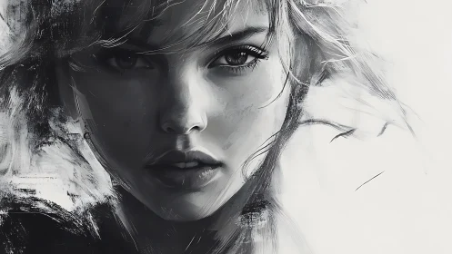 Monochrome digital portrait of a young woman’s face.