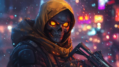 Hooded infernal skull warrior in neon-soaked winter streets.