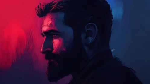 Chromatic rim-lit male profile in dual-tone digital chiaroscuro.