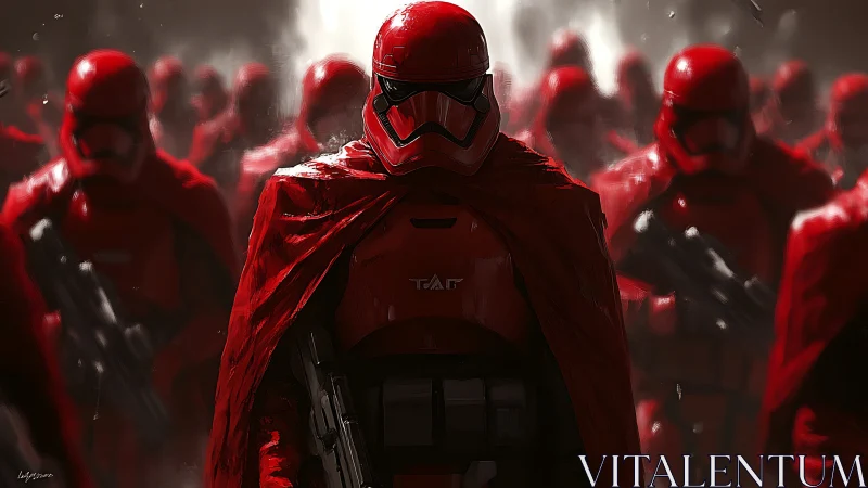 Scarlet armored commander leading regimented troopers forward.