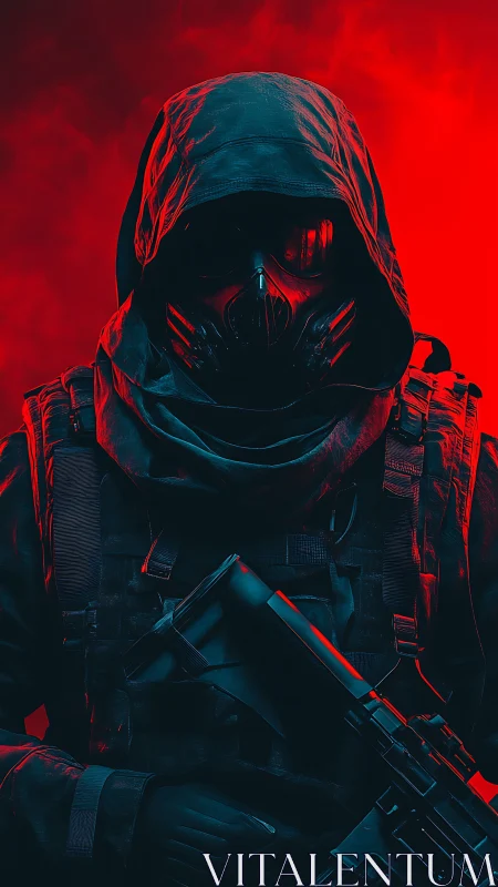 Hooded masked soldier with rifle in red dramatic lighting.