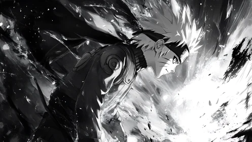 Dynamic monochrome anime hero amid explosive energy field.