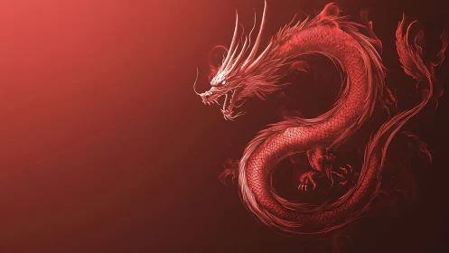 Fiery red dragon swirling through a glowing ember haze.