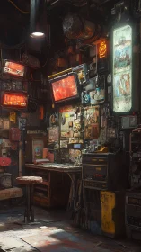 Cluttered cyberpunk workshop glows with flickering neon screens