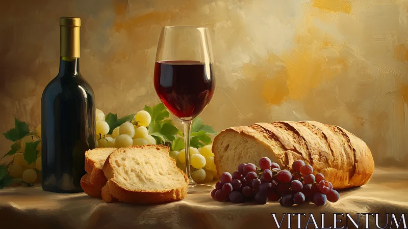 Wine and Bread Still Life with White and Red Grapes.