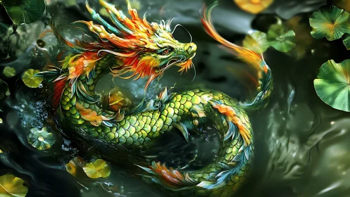 River dragon loops through moonlit lilies and swirling jade