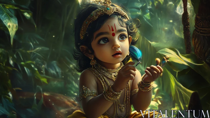 Forest-crowned child deity cradling whisper-blue feathered wonder.
