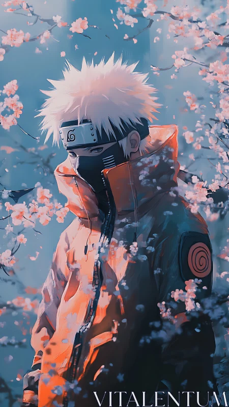 Masked ninja in orange coat stands amid soft sakura bloom.