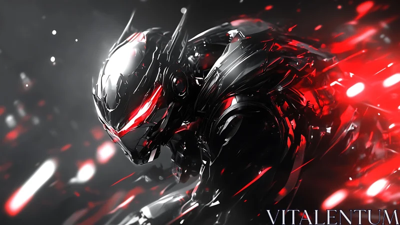 Cybernetic warrior erupts in red-tinted kinetic motion.