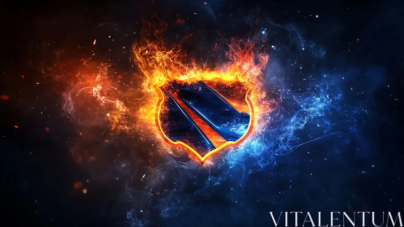 Fiery blue shield emblem ignites against cosmic darkness