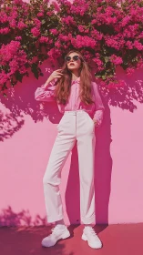 Pink street fashion under vivid bougainvillea wall bloom.