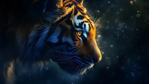 Bioluminescent-lit tiger profile in high-contrast nocturnal haze