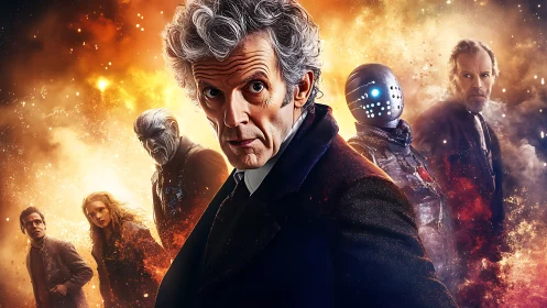 Grey-haired man leads colorful sci-fi ensemble in flames