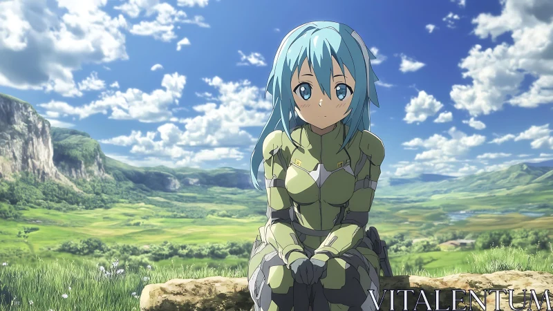 Blue haired anime soldier seated in open green landscape.