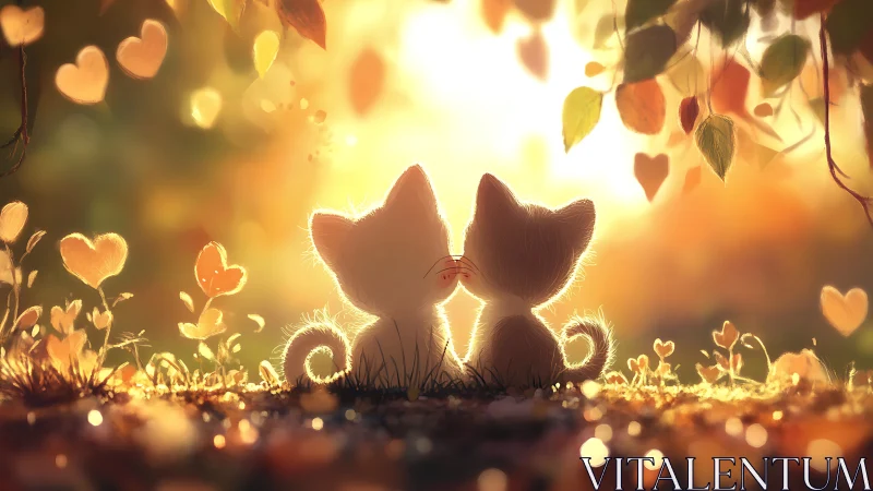 Two cats sit in grass beneath heart-shaped foliage and bokeh light.