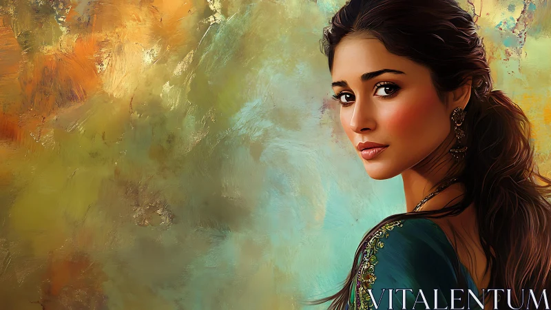 Digital painting portrait with luminous abstract backdrop.