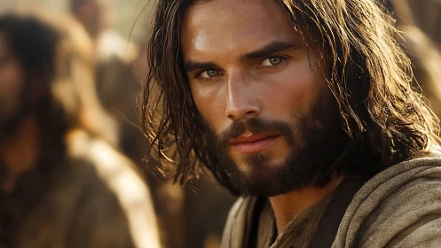 Bearded long haired man in close frontal portrait outdoors.