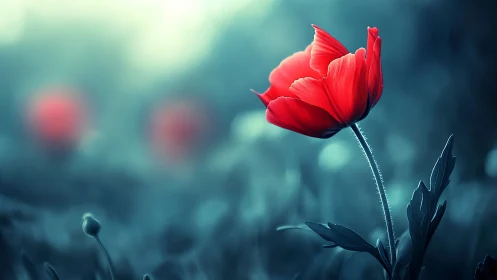 Crimson poppy leans into a dream of muted teal twilight