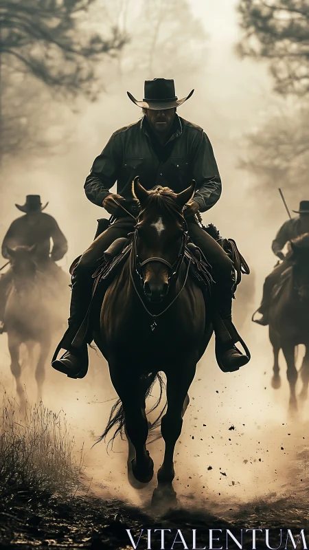 Cowboy riders advance through dust with strong frontal lighting