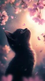 Black Cat Gazing at Cherry Blossoms in Dreamlike Haze.
