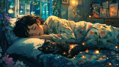 Nocturnal bedroom scene renders drowsy girl and cat in bioluminescent glow