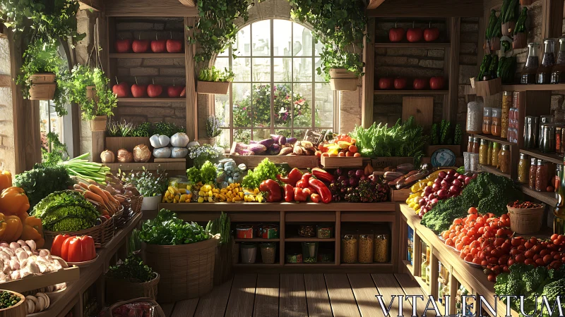 Digital painting of sunlit rustic market produce interior.