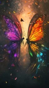 Vibrant twin butterflies facing in glowing forest light.