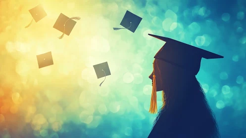 Silhouetted graduate profile amid bokeh-tinted cap trajectories.