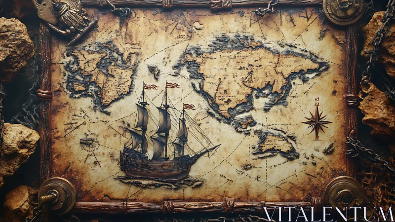Weatherworn pirate world map and proud carved galleon.