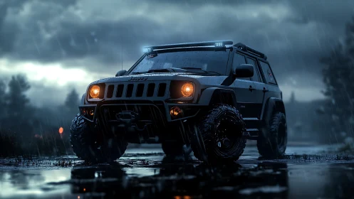 Stormlit off road SUV waiting on a rain washed trail.