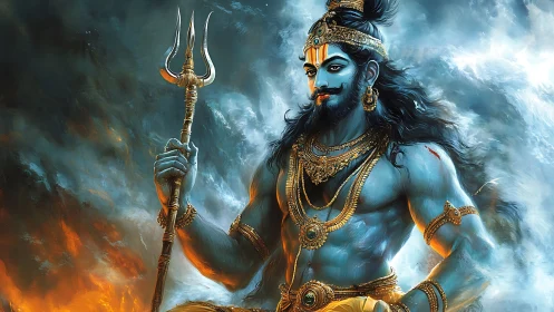 Blue-skinned warrior deity holding trident in storm.