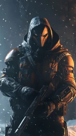 Armored hooded marksman stands in cinematic backlit snowfall