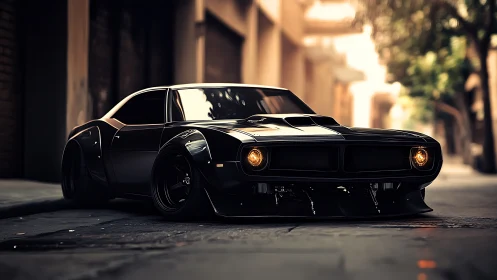 Midnight muscle car cruising a sunlit city backstreet.