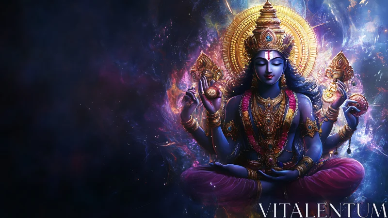 Multi-armed blue deity in ornate cosmic environment.