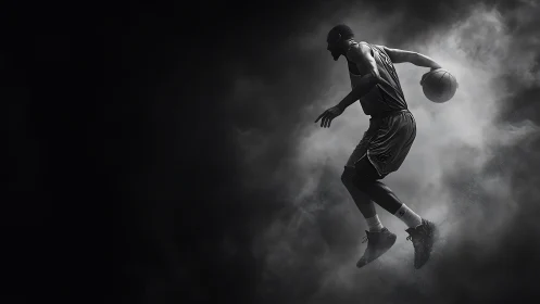 Soaring courtside dream in dramatic smoky spotlight.