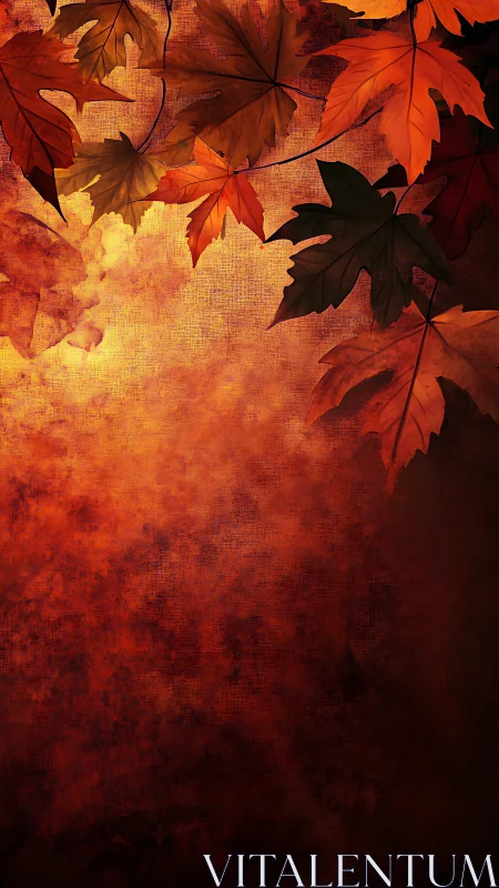 Glowing autumn leaves drift over a textured ember sky